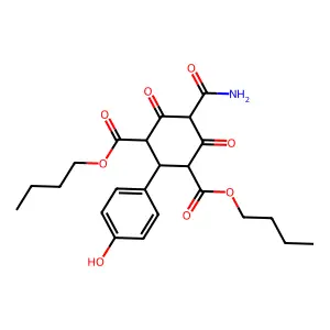 Dibutyl 5-carbamoyl-2-(4-hydroxyphenyl)-4,6-dioxocyclohexane-1,3-dicarboxylate structure
