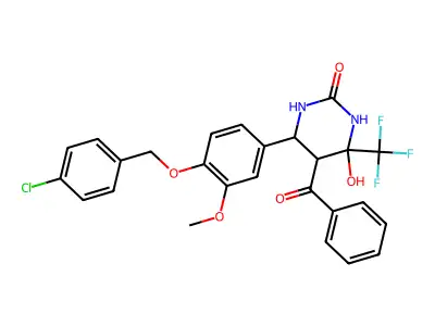 5-benzoyl-6-(4-((4-chlorobenzyl)oxy)-3-methoxyphenyl)-4-hydroxy-4-(trifluoromethyl)tetrahydropyrimidin-2(1H)-one structure