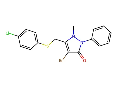 4-Bromo-3-((4-chlorophenylthio)methyl)-2-methyl-1-phenyl-3-pyrazolin-5-one structure