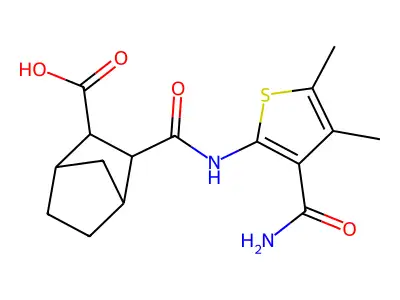 2-[(3-carbamoyl-4,5-dimethylthiophen-2-yl)carbamoyl]bicyclo[2.2.1]heptane-3-carboxylic acid structure