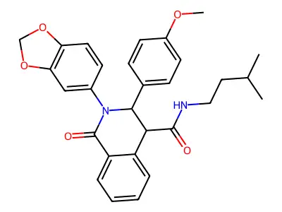 (2-benzo[3,4-d]1,3-dioxolen-5-yl-3-(4-methoxyphenyl)-1-oxo(4-2,3,4-trihydroisoquinolyl))-N-(3-methylbutyl)formamide structure