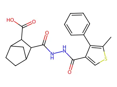 2-[[(5-methyl-4-phenylthiophene-3-carbonyl)amino]carbamoyl]bicyclo[2.2.1]heptane-3-carboxylic acid structure