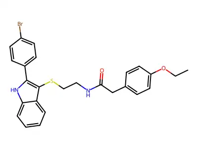 N-[2-[[2-(4-bromophenyl)-1H-indol-3-yl]sulfanyl]ethyl]-2-(4-ethoxyphenyl)acetamide structure