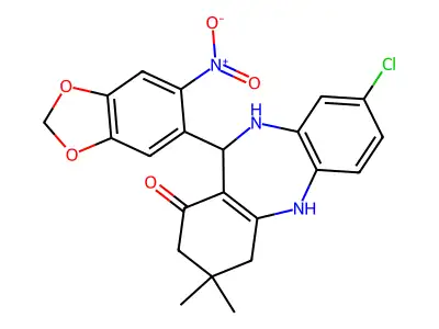3-chloro-9,9-dimethyl-6-(6-nitro-1,3-benzodioxol-5-yl)-6,8,10,11-tetrahydro-5H-benzo[b][1,4]benzodiazepin-7-one structure
