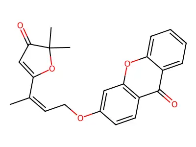 3-[3-(5,5-Dimethyl-4-oxofuran-2-yl)but-2-enoxy]xanthen-9-one structure