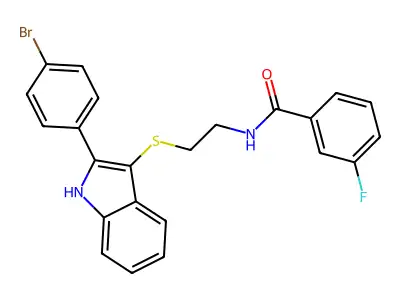 N-(2-((2-(4-bromophenyl)-1H-indol-3-yl)thio)ethyl)-3-fluorobenzamide structure