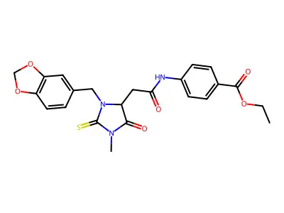 ethyl 4-({[3-(1,3-benzodioxol-5-ylmethyl)-1-methyl-5-oxo-2-thioxoimidazolidin-4-yl]acetyl}amino)benzoate structure