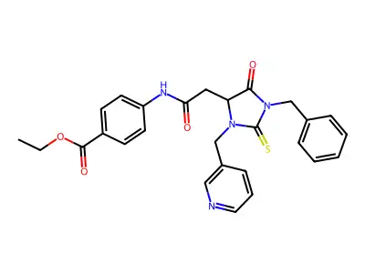 ethyl 4-({[1-benzyl-5-oxo-3-(pyridin-3-ylmethyl)-2-thioxoimidazolidin-4-yl]acetyl}amino)benzoate structure