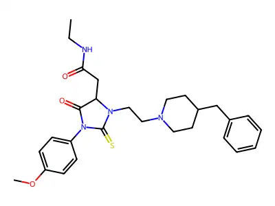 2-[3-[2-(4-benzylpiperidin-1-yl)ethyl]-1-(4-methoxyphenyl)-5-oxo-2-sulfanylideneimidazolidin-4-yl]-N-ethylacetamide structure