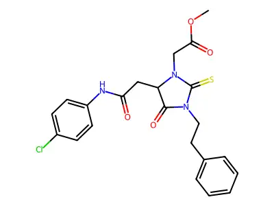 methyl [5-{2-[(4-chlorophenyl)amino]-2-oxoethyl}-4-oxo-3-(2-phenylethyl)-2-thioxoimidazolidin-1-yl]acetate structure