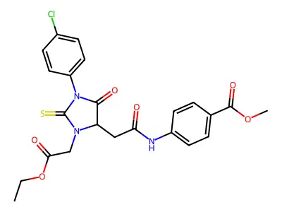 methyl 4-({[1-(4-chlorophenyl)-3-(2-ethoxy-2-oxoethyl)-5-oxo-2-thioxoimidazolidin-4-yl]acetyl}amino)benzoate structure