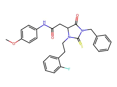 2-[1-benzyl-3-[2-(2-fluorophenyl)ethyl]-5-oxo-2-sulfanylideneimidazolidin-4-yl]-N-(4-methoxyphenyl)acetamide structure