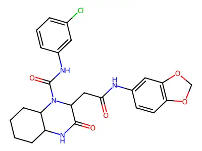 2-[2-(1,3-benzodioxol-5-ylamino)-2-oxoethyl]-N-(3-chlorophenyl)-3-oxooctahydroquinoxaline-1(2H)-carboxamide structure