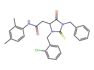 2-[1-benzyl-3-(2-chlorobenzyl)-5-oxo-2-thioxoimidazolidin-4-yl]-N-(2,4-dimethylphenyl)acetamide structure