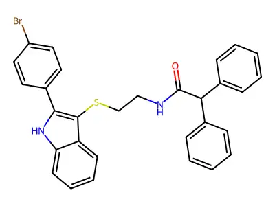 N-(2-((2-(4-bromophenyl)-1H-indol-3-yl)thio)ethyl)-2,2-diphenylacetamide structure