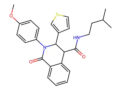 (2-(4-methoxyphenyl)-1-oxo-3-(3-thienyl)(4-2,3,4-trihydroisoquinolyl))-N-(3-methylbutyl)formamide structure