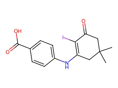 4-[(2-Iodo-5,5-dimethyl-3-oxo-1-cyclohexenyl)amino]benzenecarboxylic acid structure