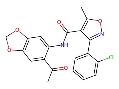 N-(6-acetyl-1,3-benzodioxol-5-yl)-3-(2-chlorophenyl)-5-methyl-1,2-oxazole-4-carboxamide structure