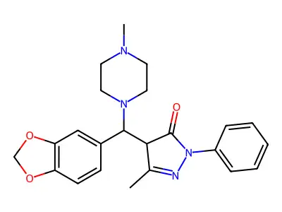 4-[1,3-benzodioxol-5-yl-(4-methylpiperazin-1-yl)methyl]-5-methyl-2-phenyl-4H-pyrazol-3-one structure