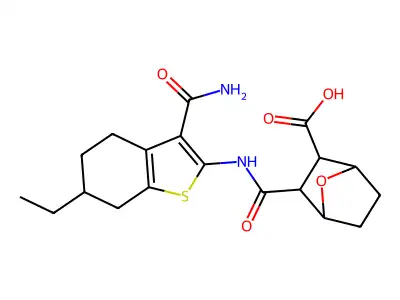 2-[(3-carbamoyl-6-ethyl-4,5,6,7-tetrahydro-1-benzothiophen-2-yl)carbamoyl]-7-oxabicyclo[2.2.1]heptane-3-carboxylic acid structure