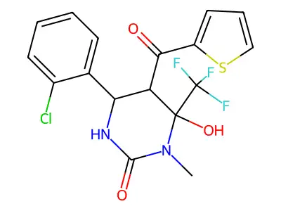4-(2-chlorophenyl)-6-hydroxy-1-methyl-5-(thiophene-2-carbonyl)-6-(trifluoromethyl)-1,3-diazinan-2-one structure