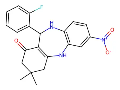 6-(2-fluorophenyl)-9,9-dimethyl-2-nitro-6,8,10,11-tetrahydro-5H-benzo[b][1,4]benzodiazepin-7-one structure