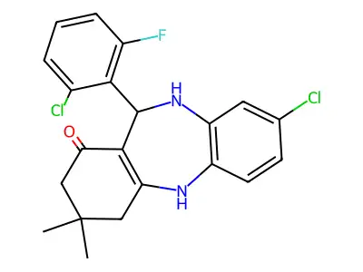 3-chloro-6-(2-chloro-6-fluorophenyl)-9,9-dimethyl-6,8,10,11-tetrahydro-5H-benzo[b][1,4]benzodiazepin-7-one structure