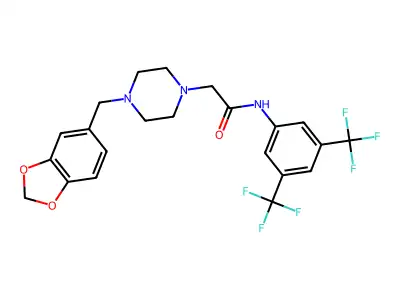 2-[4-(1,3-benzodioxol-5-ylmethyl)piperazin-1-yl]-N-[3,5-bis(trifluoromethyl)phenyl]acetamide structure