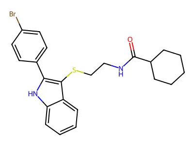 N-[2-[[2-(4-bromophenyl)-1H-indol-3-yl]sulfanyl]ethyl]cyclohexanecarboxamide structure