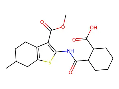 2-{[3-(methoxycarbonyl)-6-methyl-4,5,6,7-tetrahydro-1-benzothiophen-2-yl]carbamoyl}cyclohexanecarboxylic acid structure