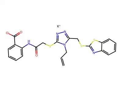 potassium 2-(2-((4-allyl-5-((benzo[d]thiazol-2-ylthio)methyl)-4H-1,2,4-triazol-3-yl)thio)acetamido)benzoate structure