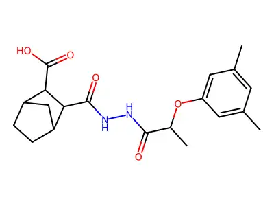 2-[[2-(3,5-dimethylphenoxy)propanoylamino]carbamoyl]bicyclo[2.2.1]heptane-3-carboxylic acid structure