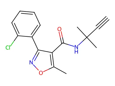 3-(2-chlorophenyl)-5-methyl-N-(2-methylbut-3-yn-2-yl)-1,2-oxazole-4-carboxamide structure