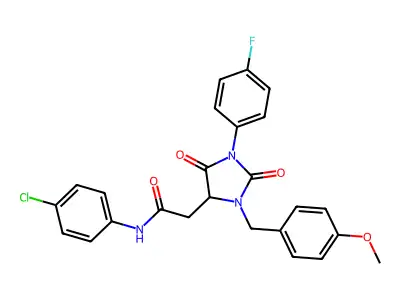 N-(4-chlorophenyl)-2-[1-(4-fluorophenyl)-3-[(4-methoxyphenyl)methyl]-2,5-dioxoimidazolidin-4-yl]acetamide structure