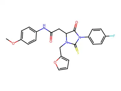 2-[1-(4-fluorophenyl)-3-(furan-2-ylmethyl)-5-oxo-2-sulfanylideneimidazolidin-4-yl]-N-(4-methoxyphenyl)acetamide structure