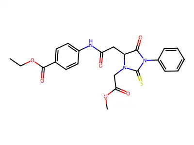 ethyl 4-({[3-(2-methoxy-2-oxoethyl)-5-oxo-1-phenyl-2-thioxoimidazolidin-4-yl]acetyl}amino)benzoate structure
