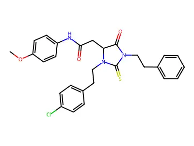 2-{3-[2-(4-chlorophenyl)ethyl]-5-oxo-1-(2-phenylethyl)-2-thioxoimidazolidin-4-yl}-N-(4-methoxyphenyl)acetamide structure