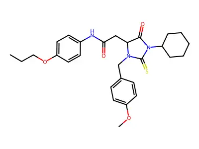 2-[1-cyclohexyl-3-(4-methoxybenzyl)-5-oxo-2-thioxoimidazolidin-4-yl]-N-(4-propoxyphenyl)acetamide structure