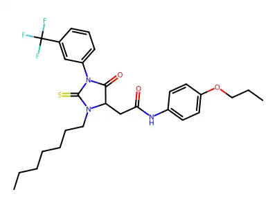 2-{3-heptyl-5-oxo-2-thioxo-1-[3-(trifluoromethyl)phenyl]imidazolidin-4-yl}-N-(4-propoxyphenyl)acetamide structure