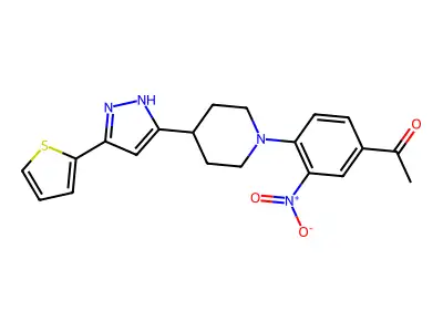 1-(3-nitro-4-{4-[5-(2-thienyl)-1H-pyrazol-3-yl]piperidino}phenyl)-1-ethanone structure