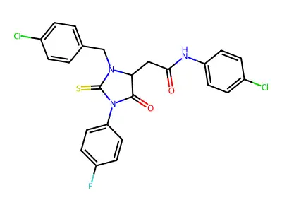 2-[3-(4-chlorobenzyl)-1-(4-fluorophenyl)-5-oxo-2-thioxoimidazolidin-4-yl]-N-(4-chlorophenyl)acetamide structure