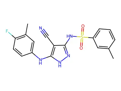 N-[4-cyano-5-(4-fluoro-3-methylanilino)-1H-pyrazol-3-yl]-3-methylbenzenesulfonamide structure