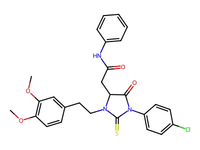 2-{1-(4-chlorophenyl)-3-[2-(3,4-dimethoxyphenyl)ethyl]-5-oxo-2-thioxoimidazolidin-4-yl}-N-phenylacetamide structure