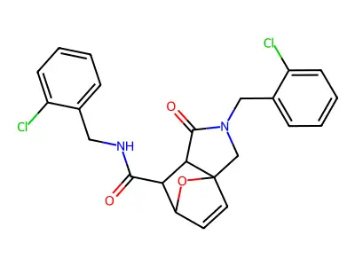 N,2-bis(2-chlorobenzyl)-1-oxo-1,2,3,6,7,7a-hexahydro-3a,6-epoxyisoindole-7-carboxamide structure