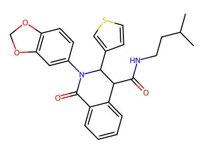 (2-benzo[3,4-d]1,3-dioxolen-5-yl-1-oxo-3-(3-thienyl)(4-2,3,4-trihydroisoquinolyl))-N-(3-methylbutyl)formamide structure