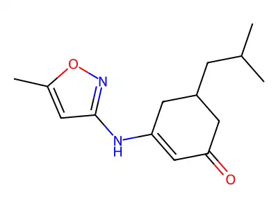 3-[(5-Methyl-1,2-oxazol-3-yl)amino]-5-(2-methylpropyl)cyclohex-2-en-1-one structure