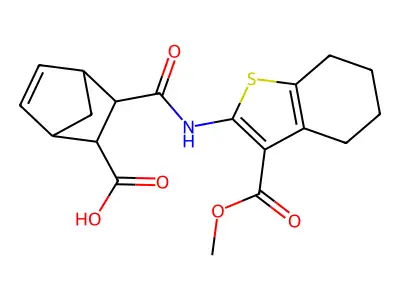 3-{[3-(methoxycarbonyl)-4,5,6,7-tetrahydro-1-benzothiophen-2-yl]carbamoyl}bicyclo[2.2.1]hept-5-ene-2-carboxylic acid structure