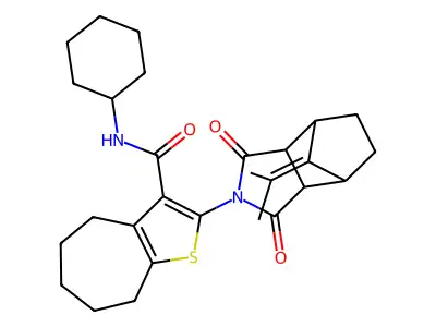 N-cyclohexyl-2-[1,3-dioxo-8-(propan-2-ylidene)octahydro-2H-4,7-methanoisoindol-2-yl]-5,6,7,8-tetrahydro-4H-cyclohepta[b]thiophene-3-carboxamide structure