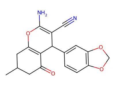 2-amino-4-(2H-1,3-benzodioxol-5-yl)-7-methyl-5-oxo-5,6,7,8-tetrahydro-4H-chromene-3-carbonitrile structure