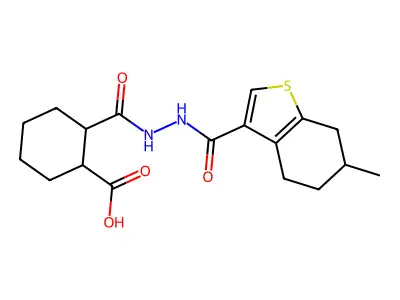2-({2-[(6-methyl-4,5,6,7-tetrahydro-1-benzothiophen-3-yl)carbonyl]hydrazinyl}carbonyl)cyclohexanecarboxylic acid structure